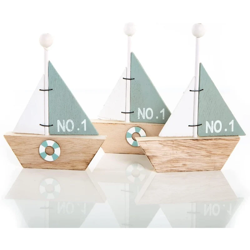 3 kleine Segelschiff Figuren aus Holz Natur mintgrün - 15,5 cm