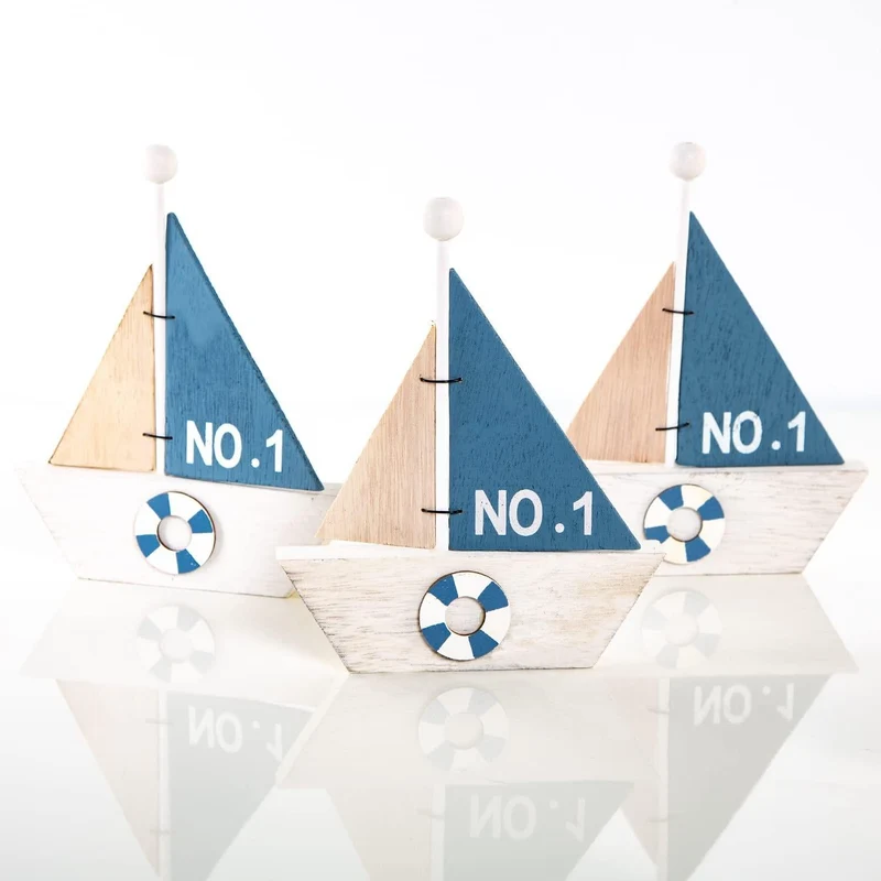 3 Holzboote zum Hinstellen blau weiß Natur 18 cm mit Rettungsring