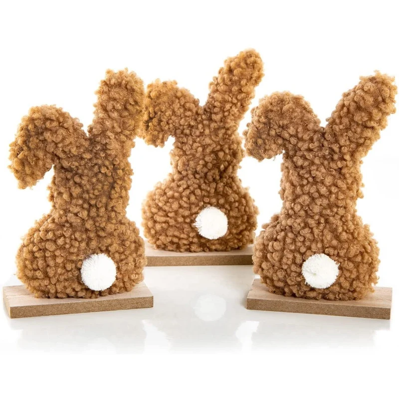 3 Osterhasen Figuren braun aus Plüsch & Holz - Ostern Deko zum Hinstellen