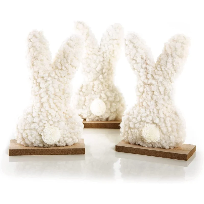 3 Hasen Figuren zum Hinstellen weiß aus Plüsch & Holz - Osterdeko