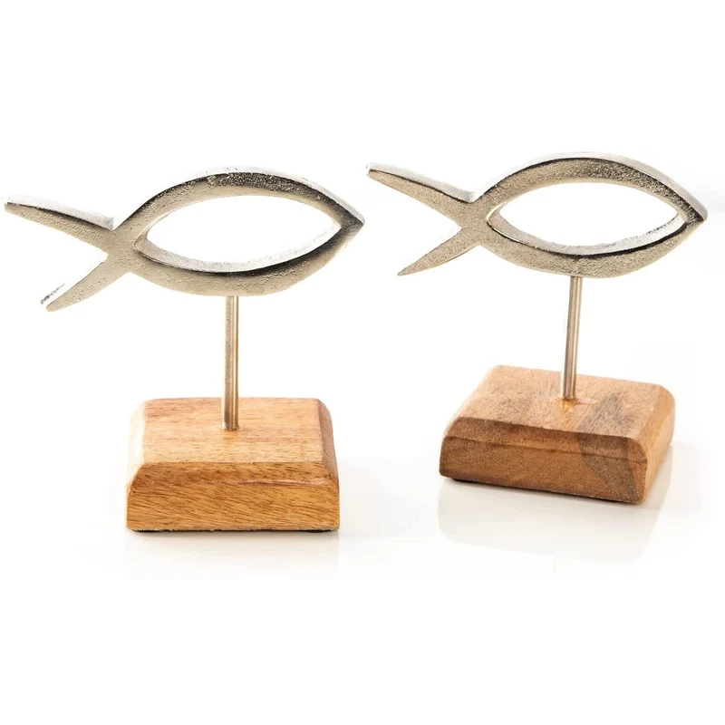 2 Deko Fische silber auf einem Holzsockel - 13 x 7,5 x 14 cm Metall