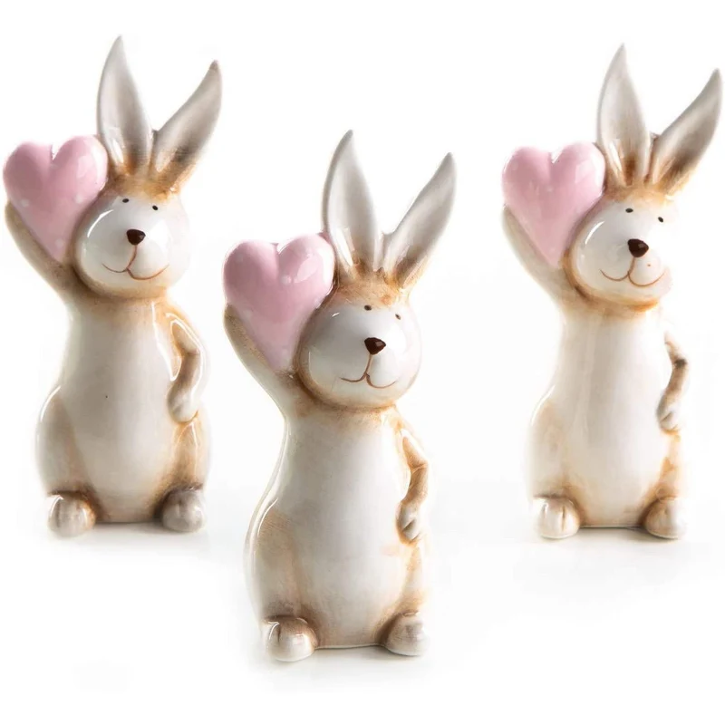 3 Osterhasen Figuren 12 cm beige mit rosa Herz