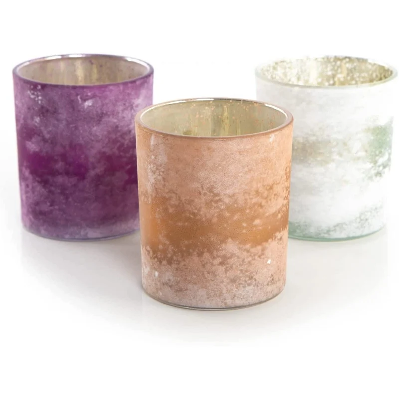 3 Windlichter aus Glas violett orange weiß innen Gold - 10 cm