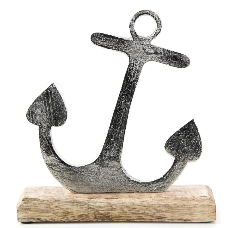 Grauer maritimer Deko Anker aus Metall auf Holzsockel - 23 cm - zum Hinstellen