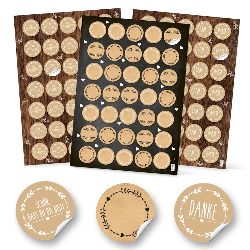 Aufkleber Set 3 x 35 Sticker - rund 3,2 cm - Schön dass du da bist + Danke + Blanko - beige im Vintage-Stil