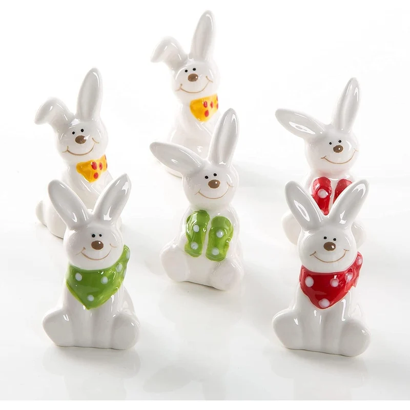 6 Osterhasen Figuren aus Keramik - Osterdeko zum Hinstellen 7 cm