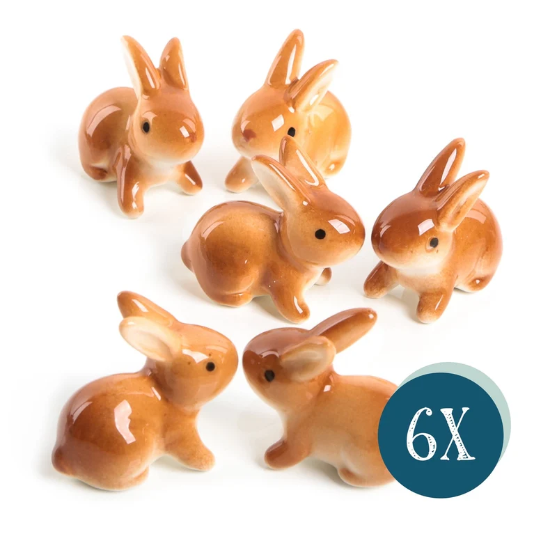 6 Mini Osterhasen Figuren 4 cm braun - kleine Porzellan Hasen als Streudeko Give-Away