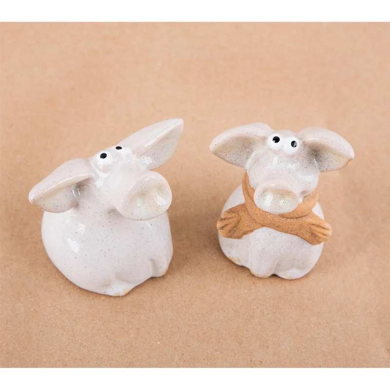 2 witzige Schweine Figuren grau beige aus Keramik - Glücksschwein Glücksbringer kleines Geschenk