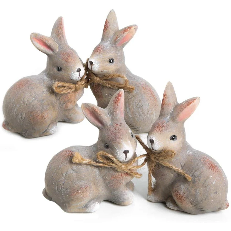 4 Osterhasen Dekofiguren aus Keramik 7 cm grau braun - Hasen zum Hinstellen