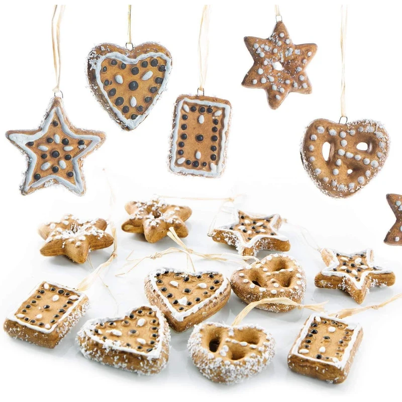 15 Lebkuchen Anhänger aus Keramik - Pfefferkuchen Weihnachtsanhänger in braun weiß