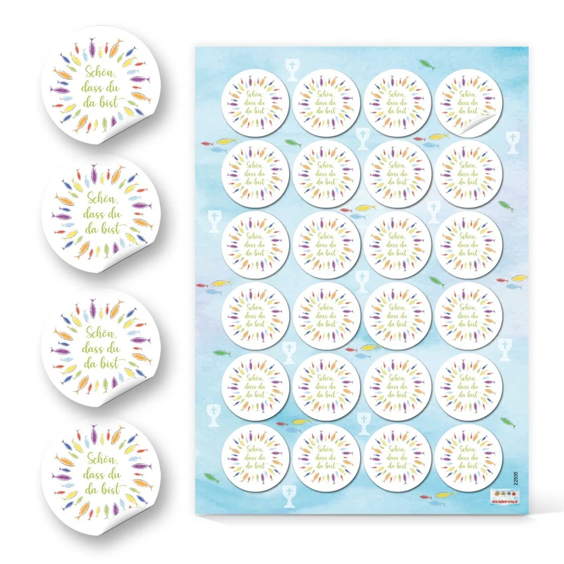 Sticker Schön, dass du da bist Ø 4 cm bunte Fische (24 Aufkleber = 1 Bogen)