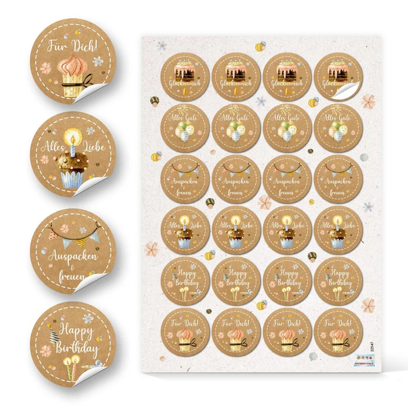 Geschenkaufkleber für Geburtstage braun bunt Ø 4 cm (24 Aufkleber = 1 Bogen)