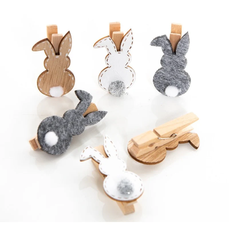 6 Osterdeko Klammern Holz & Filz - Osterhase Clips 5 cm