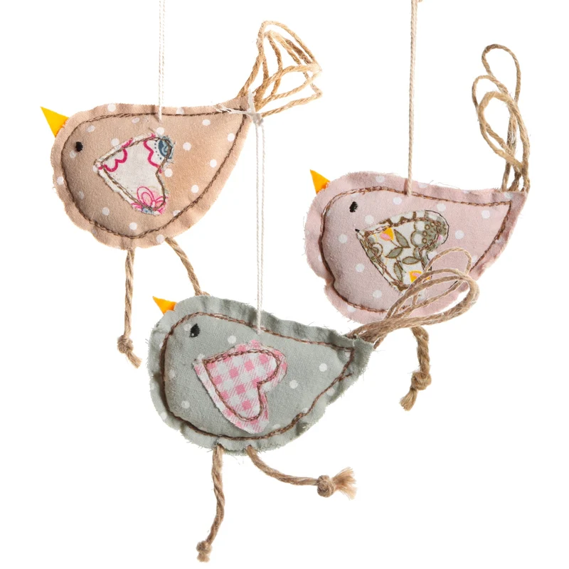 3 Vögel zum Aufhängen Stoff Vögelchen rosa beige grau 8 cm