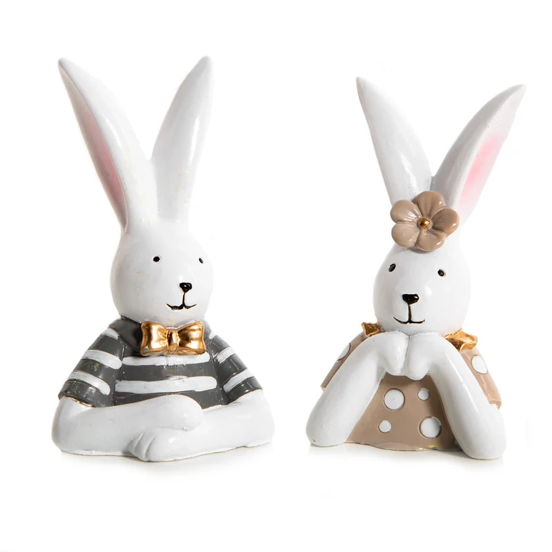 2 Osterhasen Dekofiguren Mann + Frau beige grau weiß 8 cm