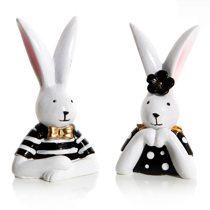 2 edle Osterhasen Figuren schwarz weiß Gold Mann + Frau 8cm