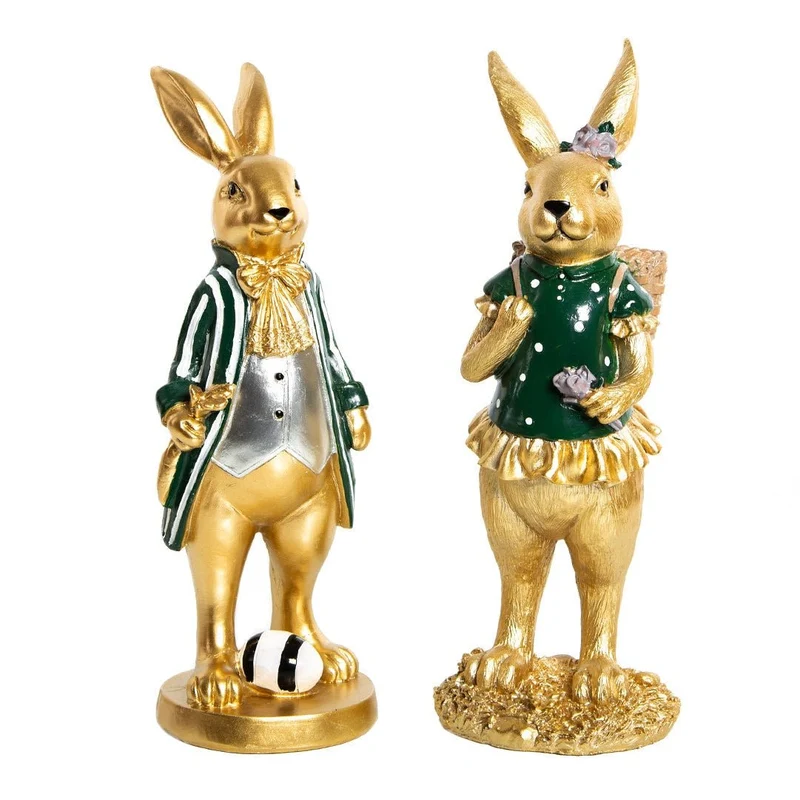 2 edle Osterhasen Dekofiguren Hasen Paar Gold grün 30 cm
