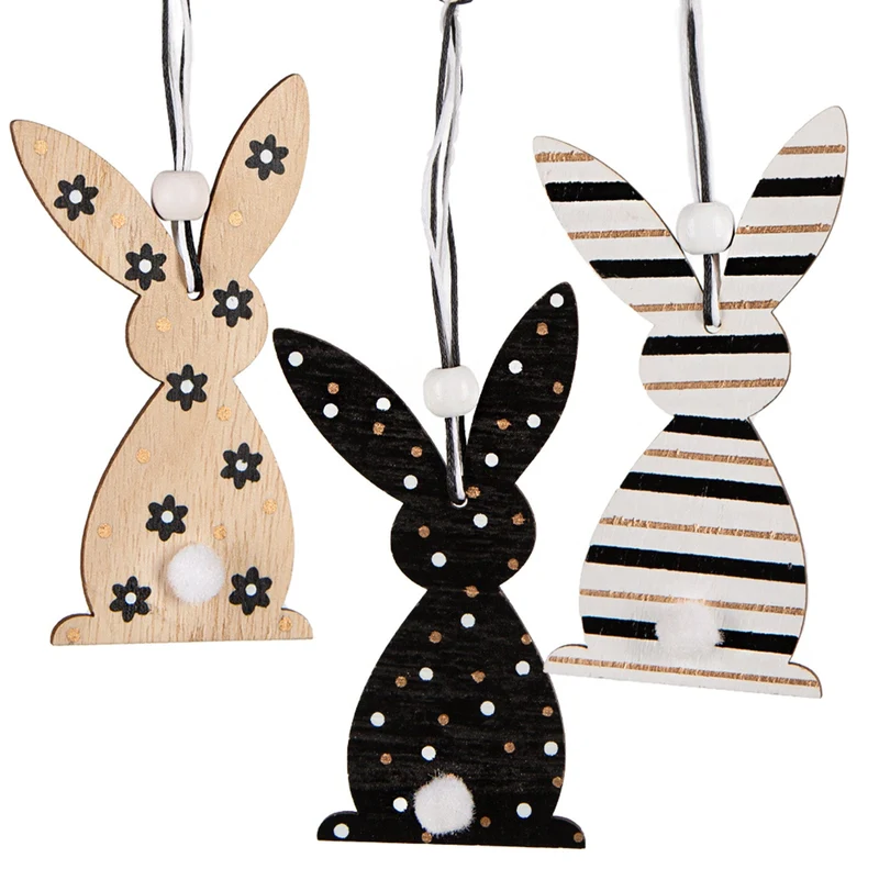3 Ostern Deko Hasen aus Holz schwarz braun weiß 10 cm