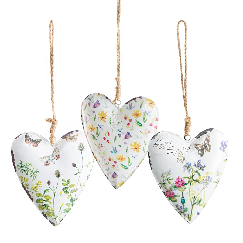 3 Metallherzen zum Aufhängen bunt floral Deko 11 cm