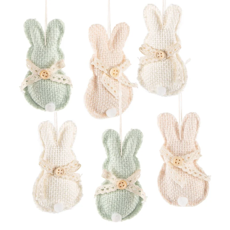 6 Hasen Anhänger aus Stoff Altrosa grün Strickmuster 10 cm