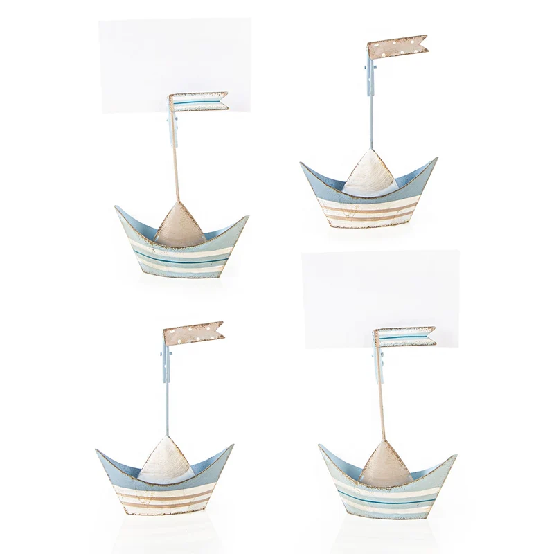 4 kleine Segelboote Metall mit Clip maritim blau weiß 11 cm