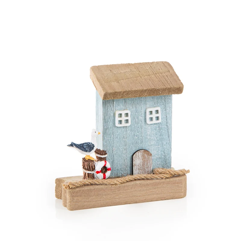 kleines Deko Strandhaus blau braun mit Möwe Maritim 13 cm
