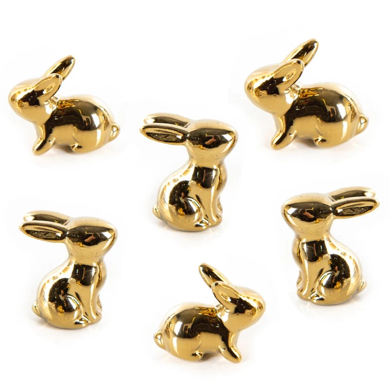 6 Mini Osterhasen Gold glänzend aus Porzellan Osterdeko 4cm