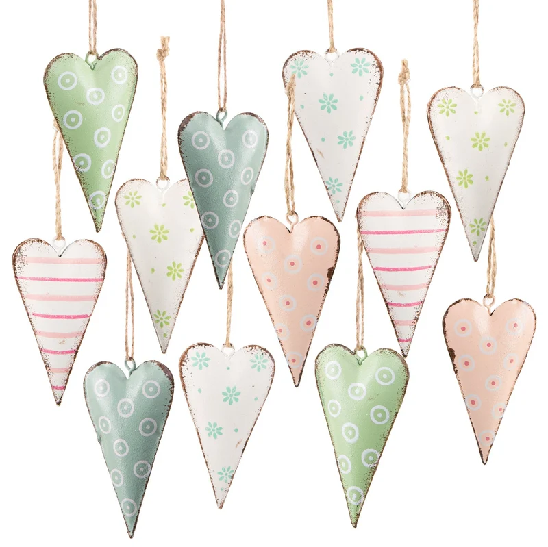 12 Frühling Deko Herzen 8 cm Pastell rosa grün Hängedeko