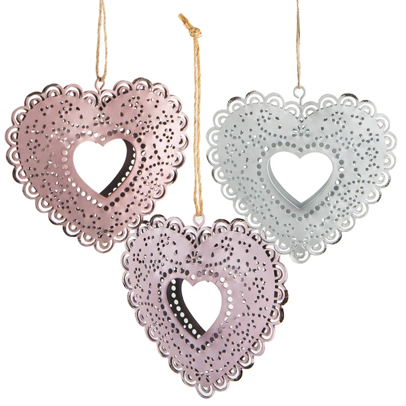 3 Herzen aus Metall rosa lila weiß 9,5 cm Metallherzen