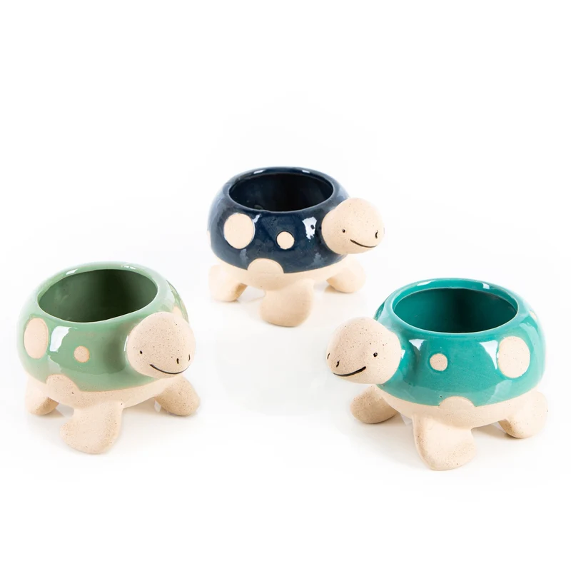 3 Schildkröten Blumentöpfe klein Keramik türkis blau grün 13 cm