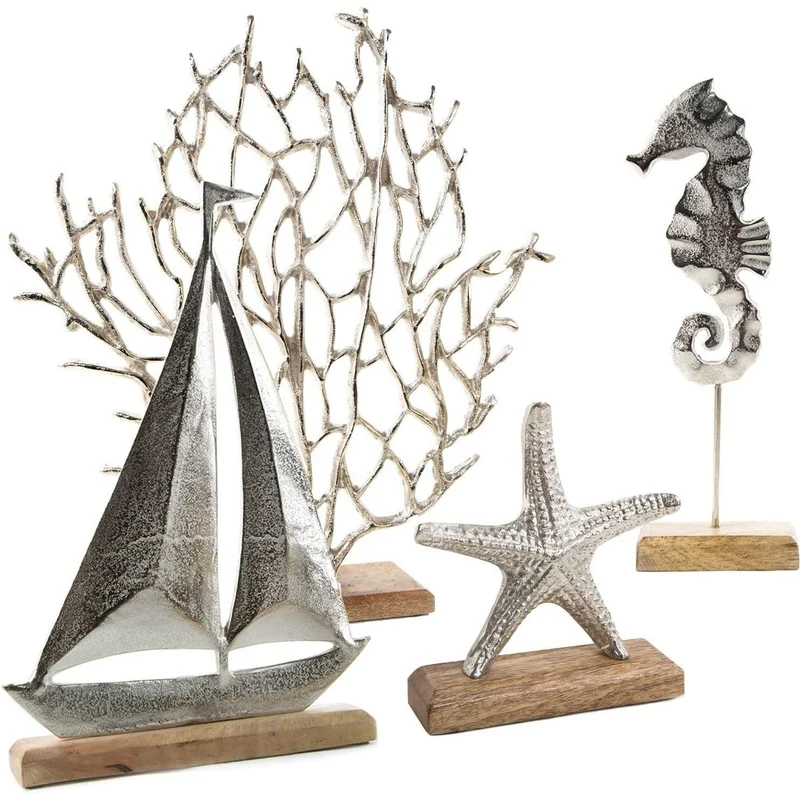 Logbuch-Verlag großes maritimes Deko Set - silberfarbene Figuren aus Metall & Holz - Sommerdeko Urlaub Meer