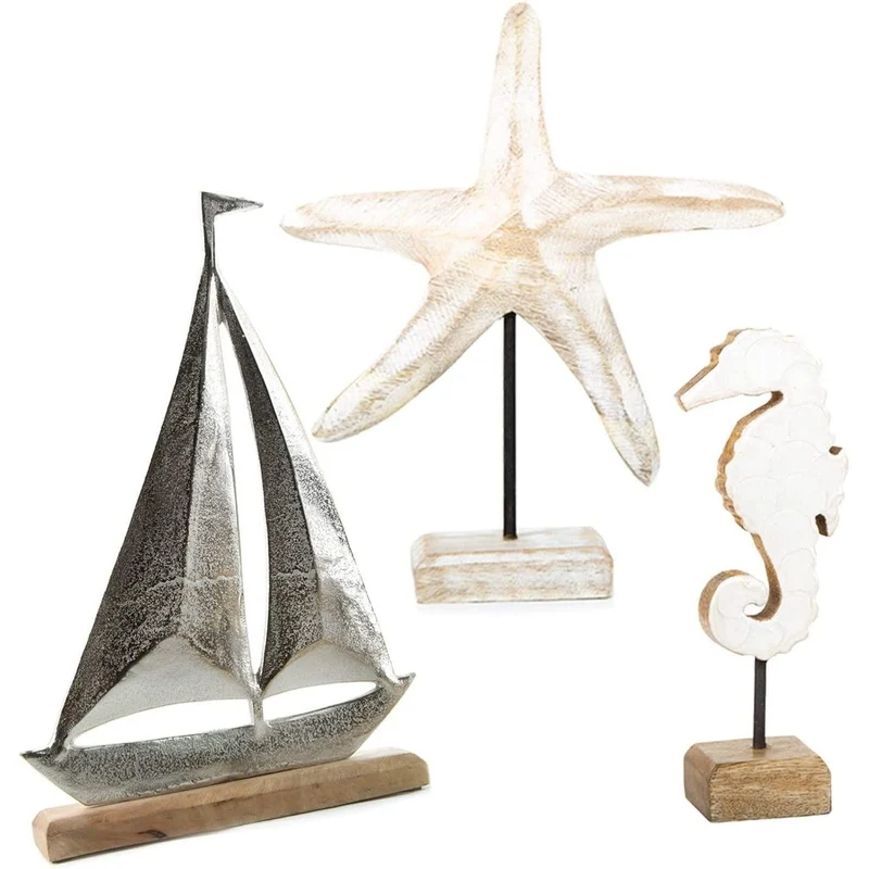 Badezimmer Deko Set 3 TLG. Segelschiff + Seepferdchen + Seestern Figur