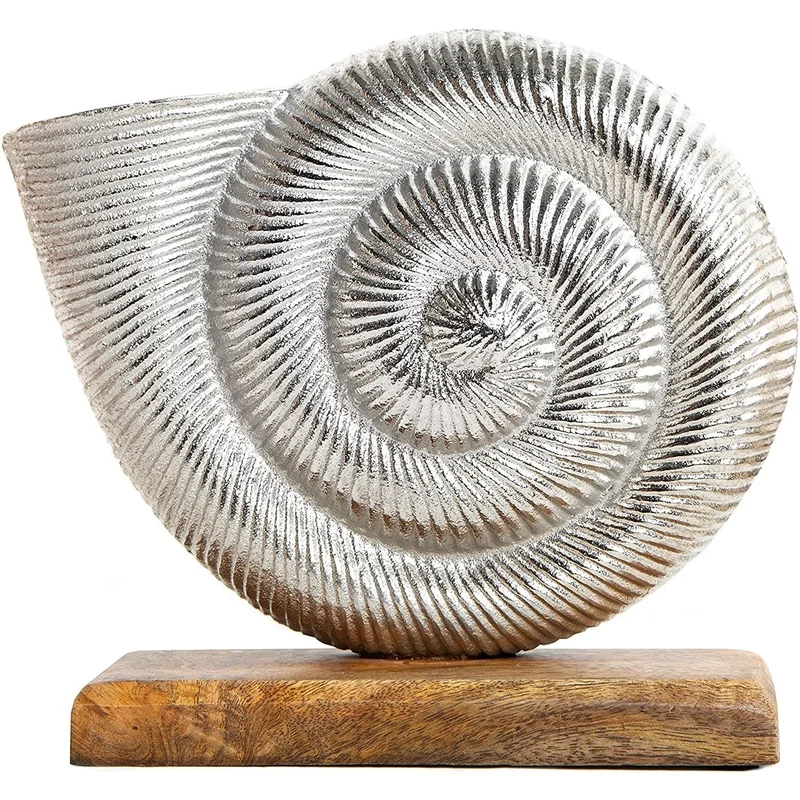 Ammonit Muschel Figur aus Metall & Holz Silber braun - 23 cm