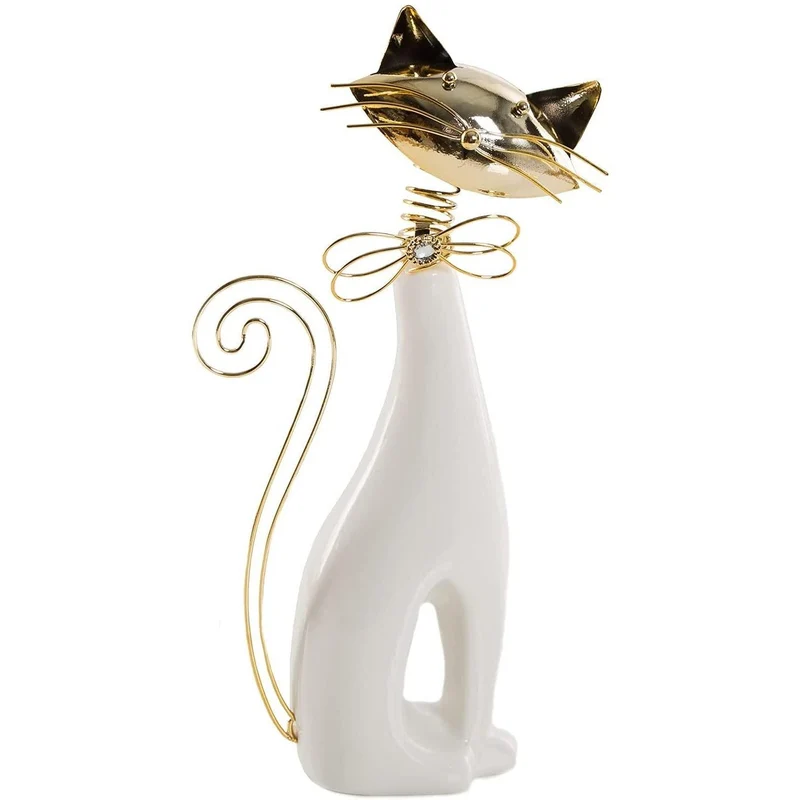 Große Katzenfigur aus Keramik - weiß Gold edel 20 cm