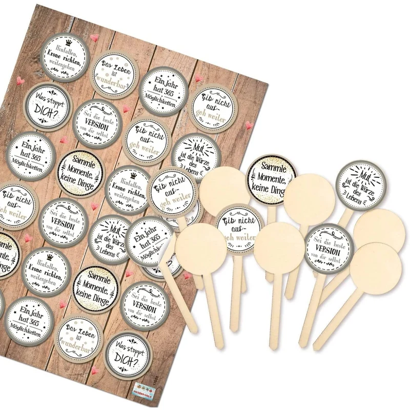 Logbuch-Verlag 12 Cupcake Topper aus Holz + vintage Sprücheaufkleber - kleine Kuchenstecker mit motivierenden Sprüchen