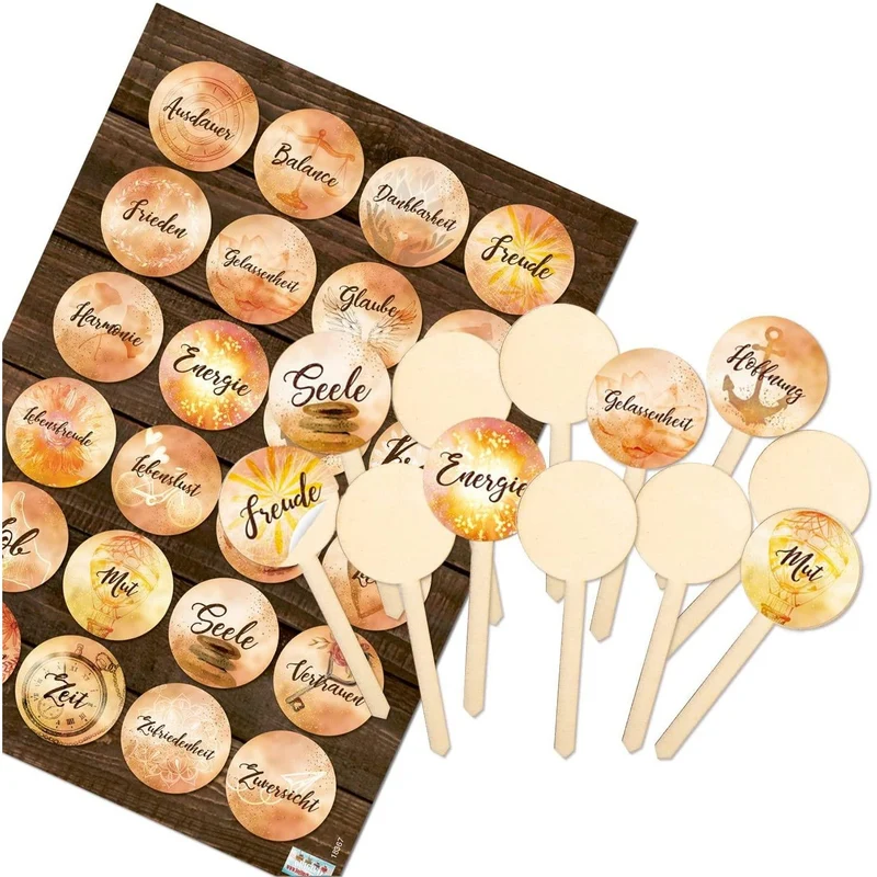 Logbuch-Verlag 12 kleine Caketopper aus Holz - Kuchenstecker mit Aufkleber LIEBE GLÜCK für kleine Kuchen & Muffins - Hochzeitsdeko