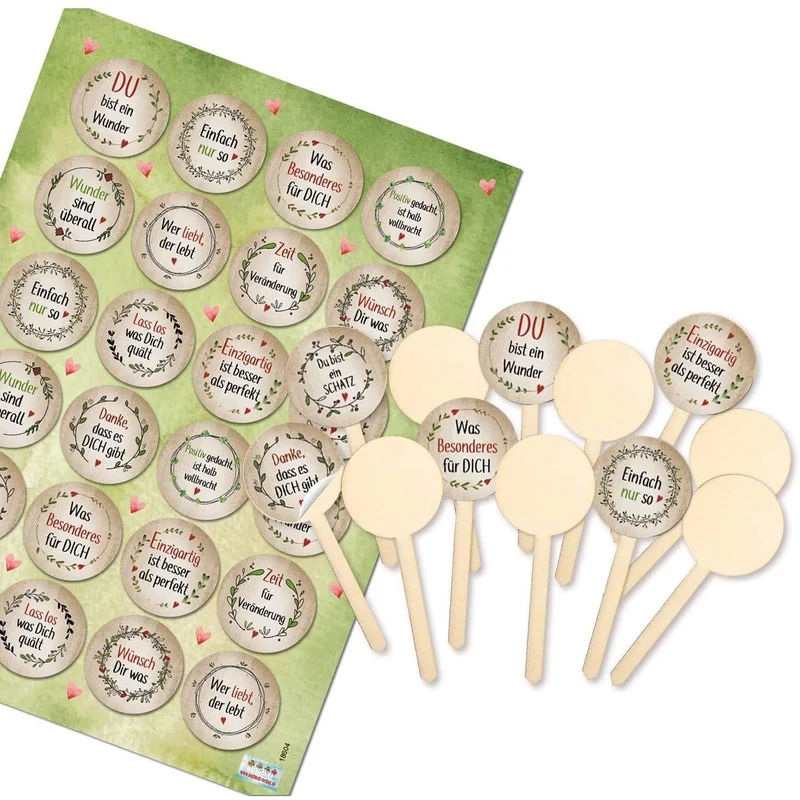 Logbuch-Verlag 12 kleine Holzstecker für Cupcakes, Kuchen, Muffins + 24 Sprüche Aufkleber - Geburtstagskuchen verzieren Geschenkidee