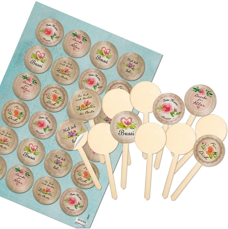 Logbuch-Verlag 12 kleine Kuchenstecker / Topfstecker aus Holz + 24 Sprüche Sticker - Hab dich lieb Bussi Muttertag Kuchen Deko