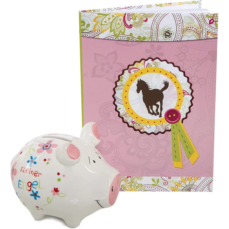 Geschenk Set für Mädchen: Spardose Kleiner Engel + Notizbuch A5 Pferd rosa weiß
