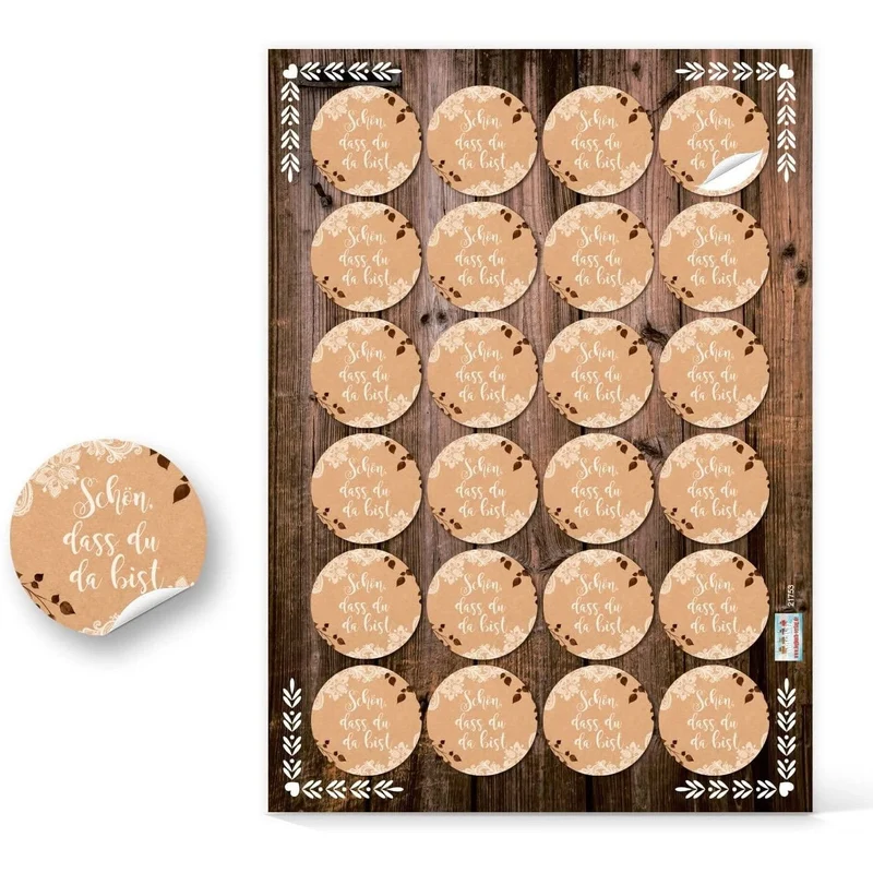 Logbuch-Verlag 24 runde SCHÖN DASS DU DA BIST Aufkleber braun weiß im Boho Vintage Stil - Sticker Verzierung für Gastgeschenke Hochzeitsdeko