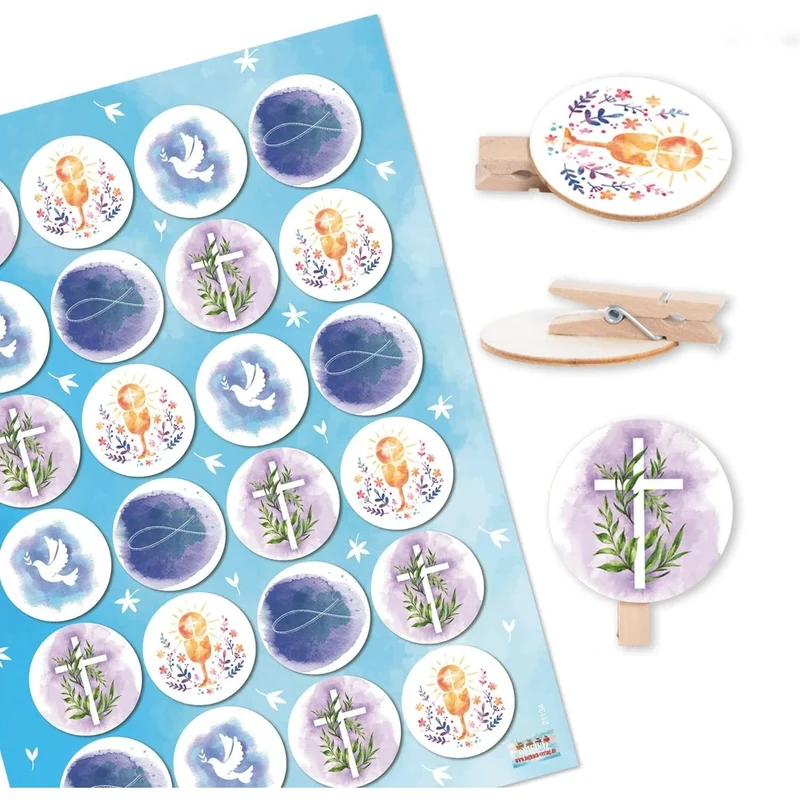 Logbuch-Verlag 24 Dekoklammern aus Holz + Sticker christliche Motive blau - Tischdeko Holzklammern Deko Taufe Kommunion Konfirmation