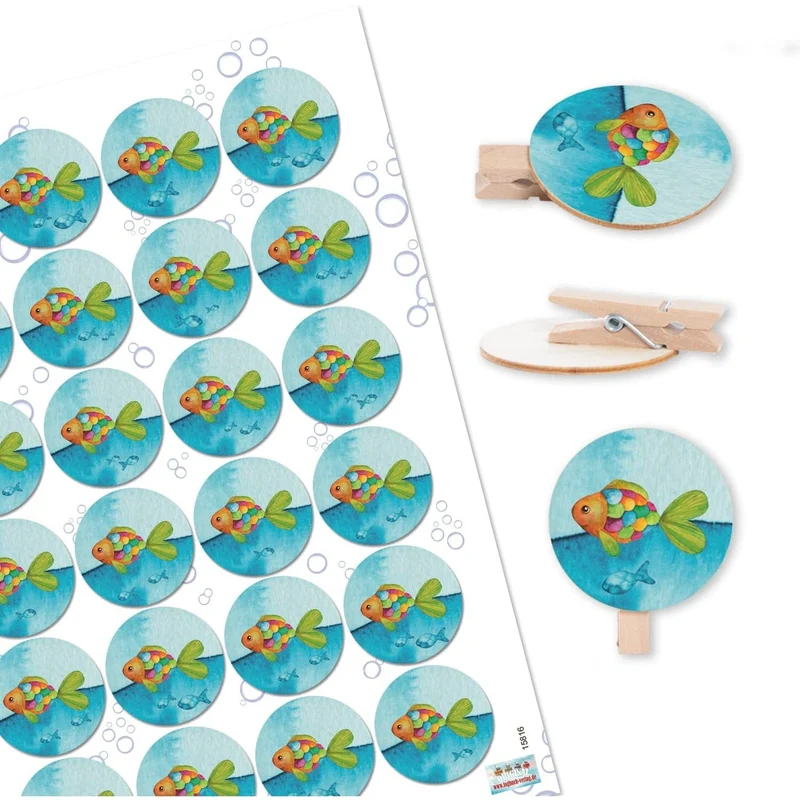 Logbuch-Verlag 24 Fische Dekoklammern aus Holz mit Aufkleber REGENBOGENFISCH türkis bunt - Tischdeko Deko Klammer Kommunion Kindergeburtstag