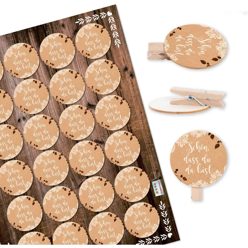 Logbuch-Verlag 24 Holzklammmern Schön DASS du da bist braun Natur Boho Vintage Dekoklammer - Tischdeko Klammer Hochzeit Hochzeitsdeko