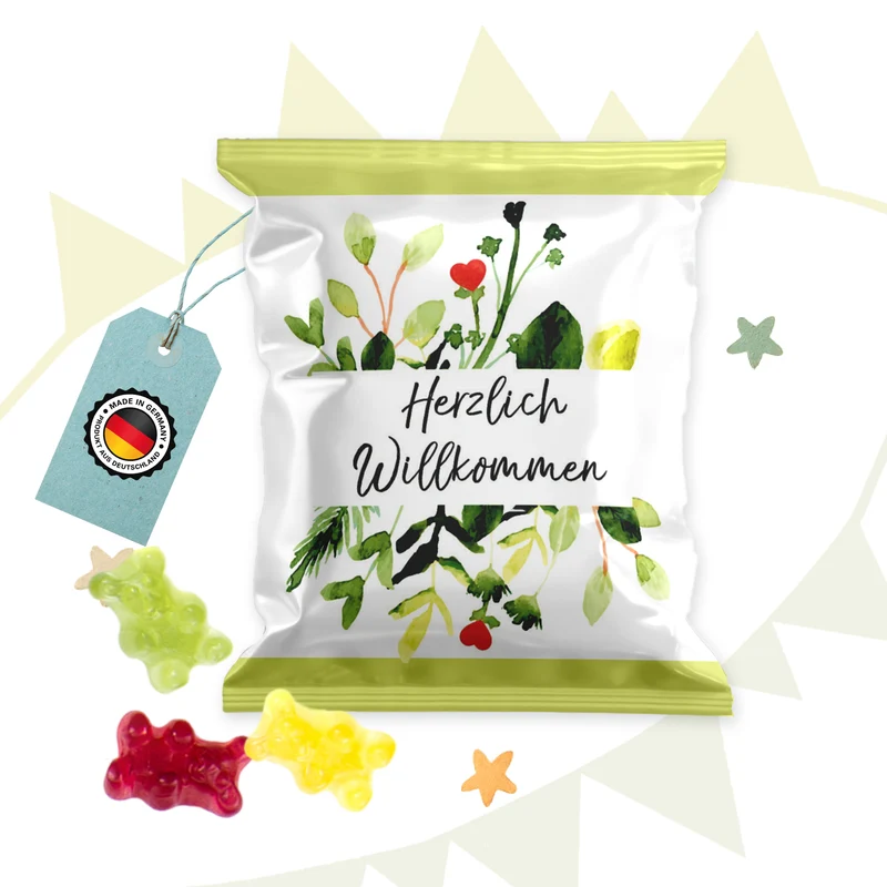 Fruchtgummi Tütchen Herzlich willkommen grün floral – Willkommensgeschenk für Gäste