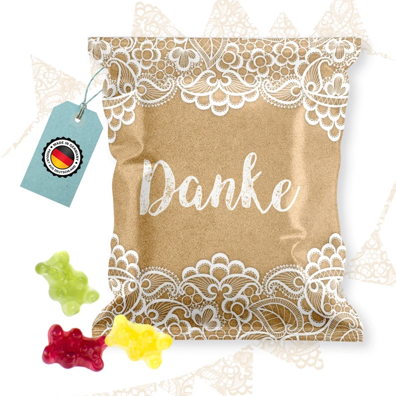Fruchtgummi Tütchen Danke in Kraftpapier-Optik – Dankesgeschenk für Gäste und Kunden
