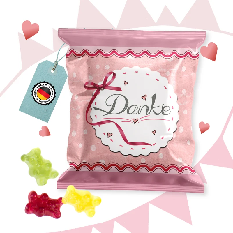 Fruchtgummi Tütchen Danke rosa pink – Gastgeschenk Taufe, Kommunion und Konfirmation