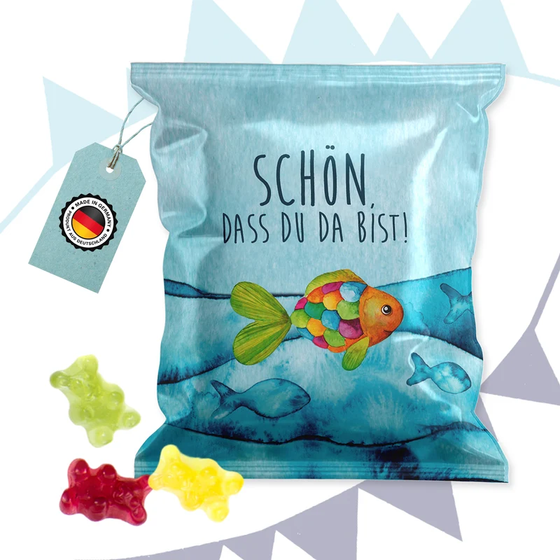 Fruchtgummi Tütchen Regenbogenfisch türkis – Gastgeschenk Taufe und Kommunion