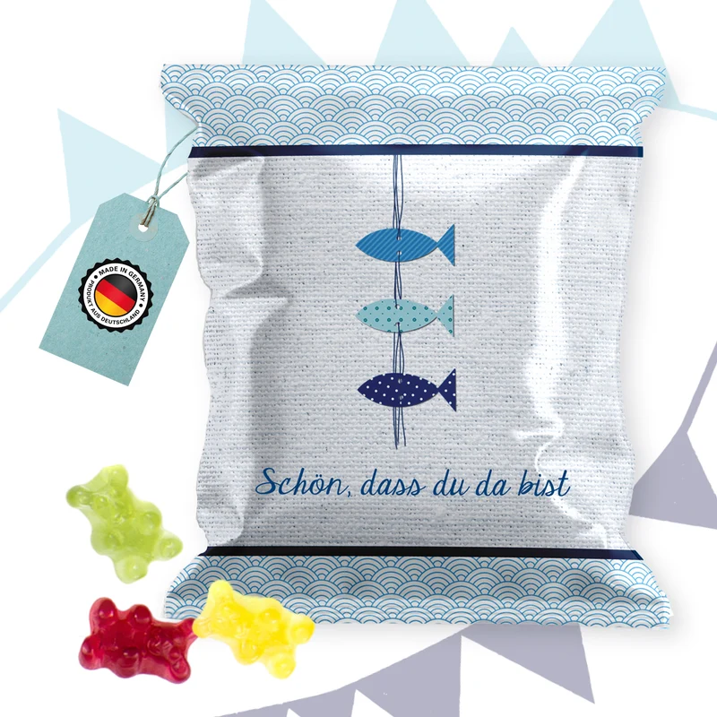 Fruchtgummi Tütchen Fische blau – Gastgeschenk Taufe, Kommunion und Konfirmation