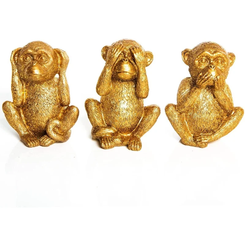 3 Affen Nichts hören sehen Sagen Deko Figuren - gold glitzernd