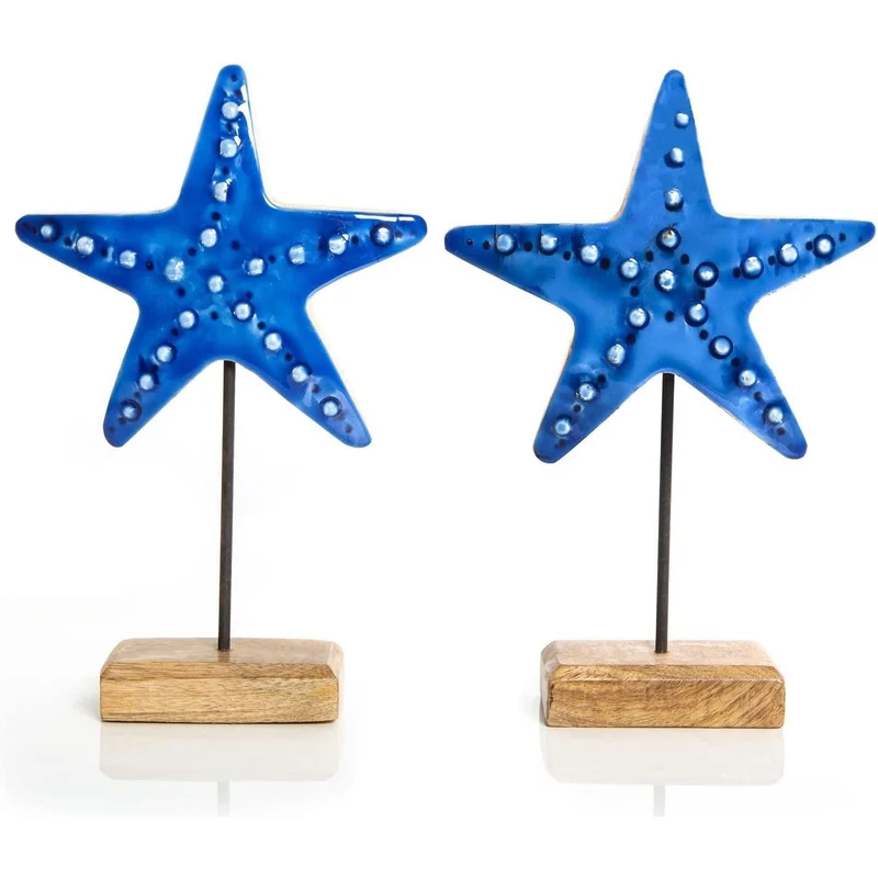 2 blaue Seestern Figuren 25 cm - Dekofigur aus Holz zum Hinstellen
